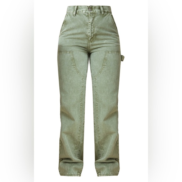 NWOT PrettyLittleThing Olive Green Seam Detail Panel Straight/Wide Leg Jean, 8 - Picture 4 of 10